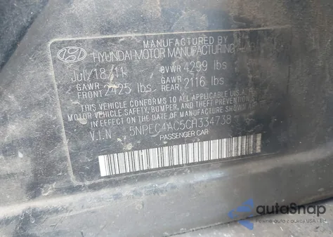 2012 Hyundai Sonata Se z USA, uszkodzony, nr VIN 5NPEC4AC5CH334738